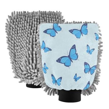 Imagem de STAYTOP Luvas de lavagem de carro borboleta azul, 2 peças, luvas de microfibra de chenille, sem arranhões, panos de esponja de lavagem ultra absorventes para carros, limpeza doméstica - M