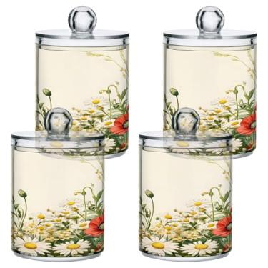 Imagem de STAYTOP 4 peças lindas flores silvestres dispensador Qtip boticário frascos banheiro com etiquetas – recipiente de armazenamento Qtip recipiente de plástico transparente acrílico para bola de algodão
