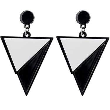 Imagem de KaFu Brincos femininos triangulares triangulares brancos e pretos leves de resina geométrica vintage, Small, Resina, Sem pedra preciosa