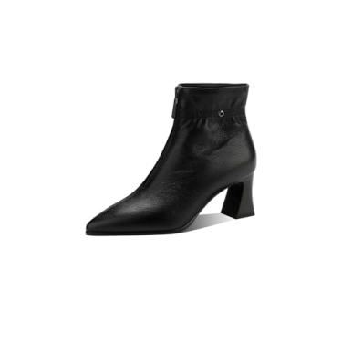 Imagem de TinaCus Botas femininas de couro macio com zíper frontal, bico fino, salto baixo, botas curtas, Preto, 38