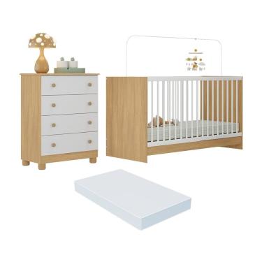 Imagem de Berço 3 Em 1 Com Colchão Incluso E Cômoda 4 Gavetas Sol Multimóveis MP4776 Madeirado-branco