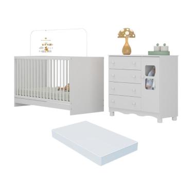 Imagem de Berço 3 Em 1 Com Colchão Incluso E Cômoda 1 Porta 4 Gavetas Luna Multimóveis MP4754 Branco