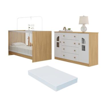 Imagem de Berço 3 Em 1 Com Colchão Incluso E Cômoda 2 Portas 4 Gavetas Amora Multimóveis MP4771 Madeirado-branco