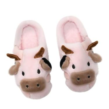 Imagem de Chinelos de vaca felpudos para crianças fofas de vaca fofa, chinelos de casa, crianças, meninas, meninos, desenhos animados, sapatos de casa para uso interno e externo, rosa, 10.5-12 Little Kid