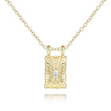Imagem de SunDins Colar de ouro feminino de ouro 14K para mulheres, colares de borboleta, textura de borboleta, com zircônia cúbica oval, pingente quadrado para mulheres, 12mm*18mm, Ouro, Zircônia cúbica