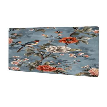 Imagem de Tapete de mouse retrô de flor grande pássaro peônia à prova d'água protetor de mesa estendido para computador tapete de base de borracha antiderrapante para escritório, computador, teclado, laptop e