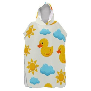 Imagem de TSENQUE Poncho de surfe fofo com desenho de patos amarelos para adultos, roupão absorvente, poncho masculino com capuz, estampa de toalha de praia