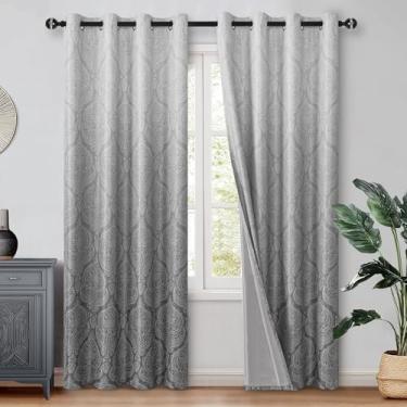 Imagem de DWCN Cortinas blecaute cinza 100% para quarto de 224 cm de comprimento - Cortinas com ilhós com isolamento térmico ombré de camada dupla com padrão de damasco para sala de estar, cortina de janela