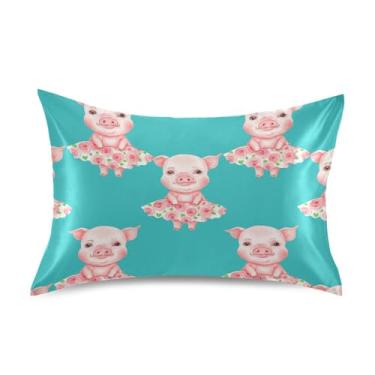 Imagem de Fronhas de cetim impressão de arte refrescante King Queen fronha padrão decoração de cama para casa tamanho queen 76.2 cm x 50.8 cm linda estampa de porco aquarela turquesa