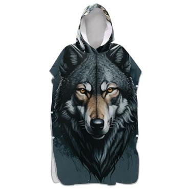 Imagem de TSENQUE Poncho de surfe para adultos trocador de roupas de banho de praia com capuz leve cinza preto fresco lobo aquarela unissex poncho adulto com capuz