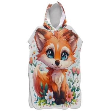 Imagem de Joisal Poncho de surf fofo de flores de raposa de desenho animado para adultos roupão de banho de praia com capuz leve unissex poncho adulto com capuz