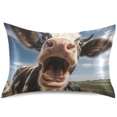 Imagem de Capas de almofada de cetim com estampa de vaca grito engraçada, capas de travesseiro de desenho animado King Queen padrão, presente de cama confortável, tamanho Queen, 76,2 cm x 50,8 cm