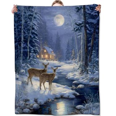 Imagem de Zeleda Cobertor de inverno de veado e cabana, presentes para amantes da natureza rústica, cobertores leves de flanela, floresta, neve, luar, decoração de casa, para sofá, sala de estar, escritório