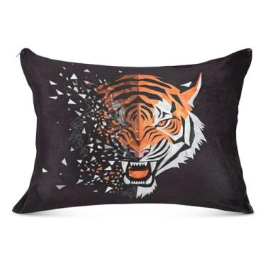 Imagem de Capa de almofada de flanela preta tigre laranja legal com zíper capa de travesseiro padrão King Queen Capas de travesseiro fofas para cabelo e pele, tamanho Queen, 50,8 cm x 76,2 cm