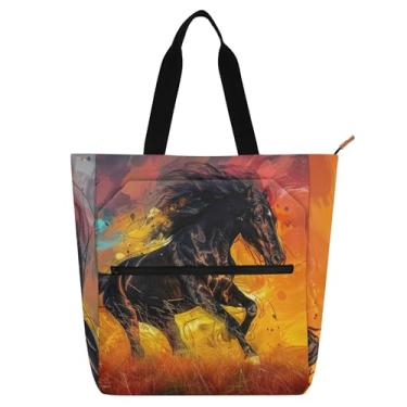Imagem de Bolsa de trabalho feminina preta dourada para cavalos, bolsa escolar de lona, utilitária, bolsas infantis, para amantes de livros, presentes