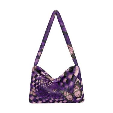 Imagem de Plant Dragonfly Rose Wind Bolsas de ombro femininas, bolsa de ombro, bolsa feminina para uso ao ar livre, Borboleta espiral quadrada roxa, One Size