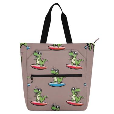 Imagem de GAIGEO Cartoonish Rex Surfboard Bolsa de trabalho marrom para mulheres Tote Canvas School Tote Book Purse Travel Handbags Book Lovers