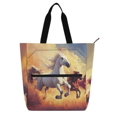 Imagem de GAIGEO Sacolas femininas de trabalho com pintura de cavalos de lona com zíper bolsa de praia utilitária para crianças amantes de livros