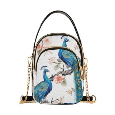 Imagem de Colorful Birds Bolsa tiracolo feminina, bolsa tiracolo com alça, bolsa transversal de verão, Pavão em um galho em azul com flores - 4, One Size