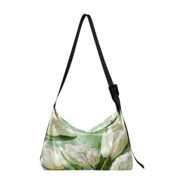 Imagem de Bolsa tiracolo grande nebulosa colorida, bolsa transversal de alça larga, bolsa Hobo transversal de couro para mulheres, Tulipas brancas em verde com folhas-5, One Size