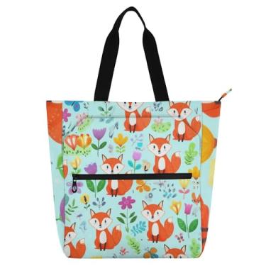 Imagem de Linda sacola de trabalho azul de raposas de desenho animado para mulheres bolsas de lona para escola universitária bolsas femininas infantis para amantes de livros presentes