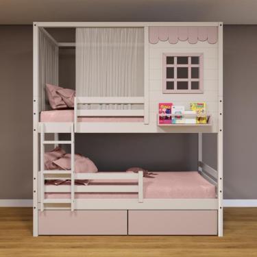 Imagem de Beliche Casinha 2 Gavetas Rosa Madeira Maciça Housin