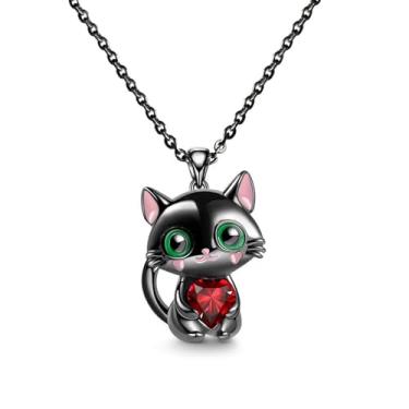 Imagem de POYAMUSE Lindo colar de gato preto com pingente de coração de strass para mulheres – Joias de gato kawaii, presente para amantes de gatos, Medium, Latão, Metal