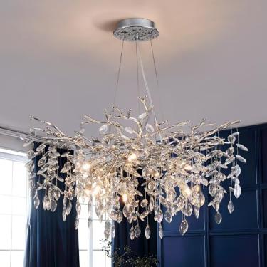 Imagem de witkey Lustre De Cristal Moderno Com Galho De Árvore, Luxuoso, Prateado, Pendente De Cristal, 30" (76 Cm), Contemporâneo, 10 Lâmpadas, Para Sala De Jantar, Cozinha, Quarto, Sala De Estar