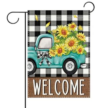 Imagem de Terkki Welcome Primavera Verão Caminhão Azul Girassol Bandeira de Jardim Decorativa, Flor de Outono Xadrez Búfalo Pequeno Quintal Decorações Exteriores, Serapilheira Floral Casa de Fazenda Decoração