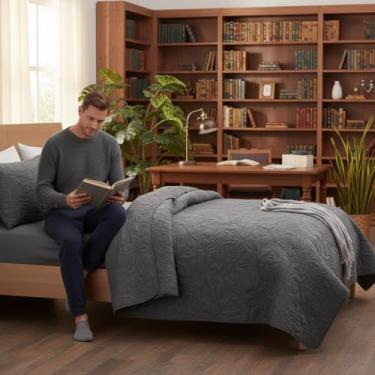 Imagem de Andreannie Conjunto de colcha de 3 peças para decoração de casa com estampa geométrica ultrassônica de verão e outono para todas as estações, presente para mamãe/irmã/avó (cinza, casal/queen (221 x