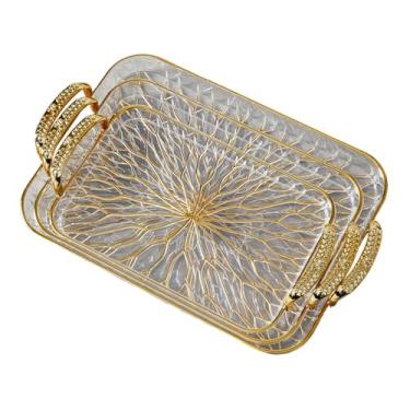 Imagem de Bothyi Conjunto de 3 Bandejas Retangulares com Alça para Servir, Organizador de Banheiro, Pia para Banheiro, Quarto, Decoração de Casa e Mesa de Centro, Claro E Dourado