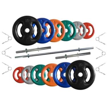 Imagem de Kit Anilhas Emborrachadas 50 Kg + Barras com Presilhas - BOX INGÁ