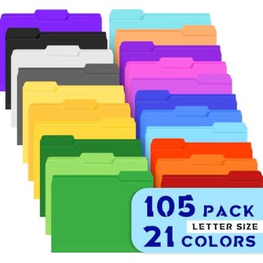 Imagem de TUXIYA Pacote com 105 pastas de arquivo coloridas, 21 pastas de arquivo coloridas, pastas manilla, tamanho carta, 21 x 29 cm, pastas de arquivo com abas cortadas para escritório, escola, documentos de