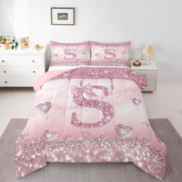 Imagem de Erosebridal Conjunto de cama com letras do alfabeto, faixa com inicial P, laço rosa, tamanho solteiro, estampa de diamante brilhante, para crianças, meninos, meninas, mulheres, presentes