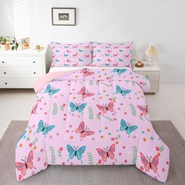 Imagem de Erosebridal Conjunto de edredom solteiro de borboleta rosa, para meninas, crianças, adolescentes, colorido, folhas silvestres, decoração de quarto de jardim, conjunto de cama com estampa de borboletas