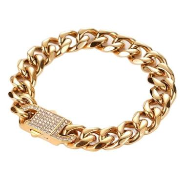 Imagem de Qing Birdee Pulseira masculina de elos cubanos, aço inoxidável banhado a ouro 18K, fecho de zircão de cristal, 21 cm de comprimento, 11 a 15 mm de largura, 15mm, Aço inoxidável, Sem Pedra Preciosa