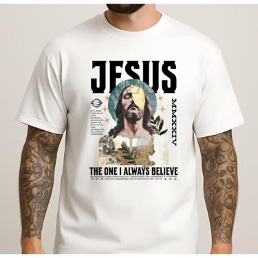 Imagem de Camisa Masculina Basica Arte Religiosa Manga Curta Estilo Moderno 100% Algodão Penteado Qualidade-Masculino