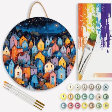 Imagem de Kit de pintura colorida de vila por números para adultos em tábua de madeira – Kit de pintura artesanal de madeira DIY noite estrelada sobre casas de colina, redondo de 30,5 cm, conjunto de tinta