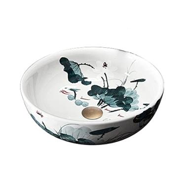 Imagem de Tigela de cerâmica para pia de banheiro redonda azul e branca porcelana arte bancada lavatório com folha de lótus padrão de lótus pia de banheiro tigela pequena de cerâmica (C (apenas lavatório)