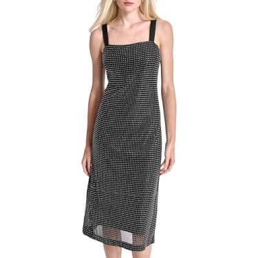 Imagem de DKNY Vestido feminino midi sobreposto de malha com gola joia, sem mangas, preto/cristal