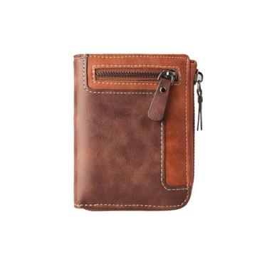 Imagem de Carteira masculina de couro curta feita à mão com fecho de zíper, vários compartimentos para cartões, bolso para moedas, bloqueio de RFID, carteira dupla compacta para uso diário e presente, Marrom
