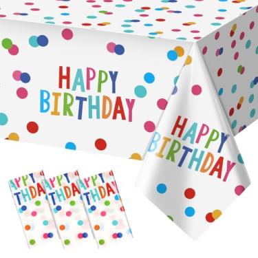 Imagem de mwellewm Pacote com 3 toalhas de mesa de aniversário de plástico para decoração de feliz aniversário, decoração de festa, retangular, impermeável, para chá de bebê, 137 x 272 cm