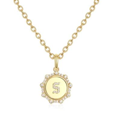 Imagem de KissYan Colares com inicial feminina, banhado a ouro 14K, redondo, pingente de letra, alfabetos, de A a Z, joias delicadas, presentes, Adjustable, Cobre, Zircônia cúbica