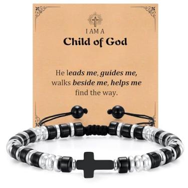 Imagem de Pulseiras masculinas com contas de cruz cristã – Pulseira masculina de ágata preta natural ajustável para confirmação de batismo e páscoa, presente legal de aniversário, dia dos namorados, pais