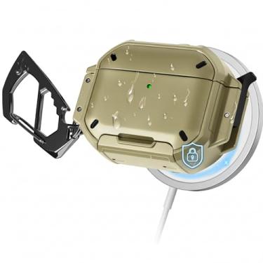 Imagem de MOLOVA Capa para AirPods Pro 3 com trava e mosquetão, [proteção de nível militar] [IP68 à prova d'água] [suporta carregamento sem fio] capa rígida antiarranhões para AirPods Pro 3ª geração, cáqui