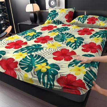 Imagem de Jogo de Lençol Listras Preto e Branco 3 Peças Percal Estampado Solteiro/Casal/Queen(Tropica vermelho,Queen 03 Peças)