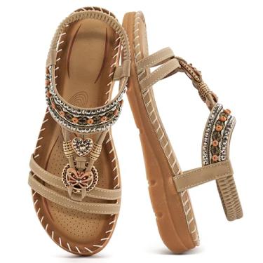 Imagem de Aomigoct Sandálias femininas rasteiras: Sapatilhas boêmias elegantes de verão para mulheres, sandálias confortáveis, tira no tornozelo, caminhadas ao ar livre, 986-bege, 34