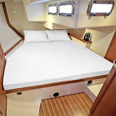 Imagem de JS Sanders Collection Roupa de cama 100% algodão egípcio AFT Berth The Best Boat AFT Berth serve para colchões de até 20 cm de profundidade - 600 fios listrados brancos