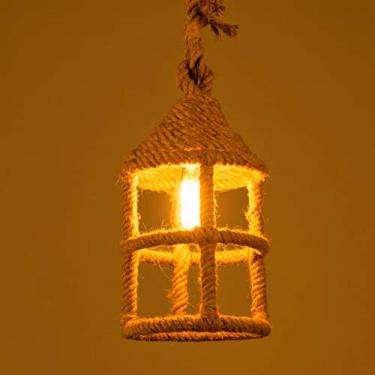 Imagem de Luminária pendente vintage de corda, luminária de teto, soquete E27, uma lâmpada, estrutura oca de corda de cânhamo americano, estilo retrô industrial, lustre vintage de ferro, luminária pen