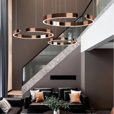 Imagem de Luminária pendente LED em formato de anel, moderna e regulável, para escada, sala de estar, em metal galvanizado, ideal para mesa de jantar, quarto, cozinha, salão e sala de jantar (dourado